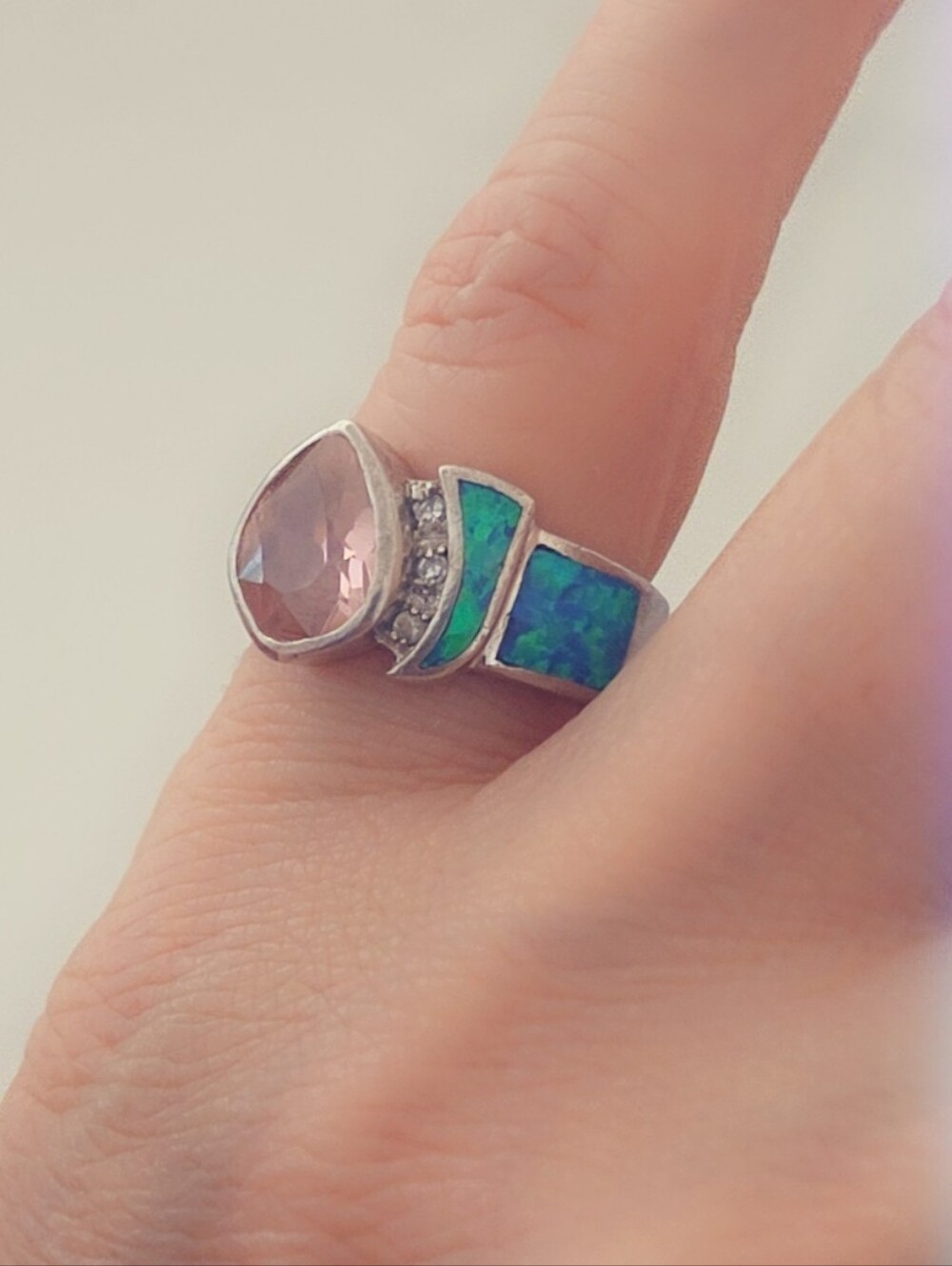 Estate Opal, CZ & Pink Topaz Gemstone Ring Sterling Silver 925